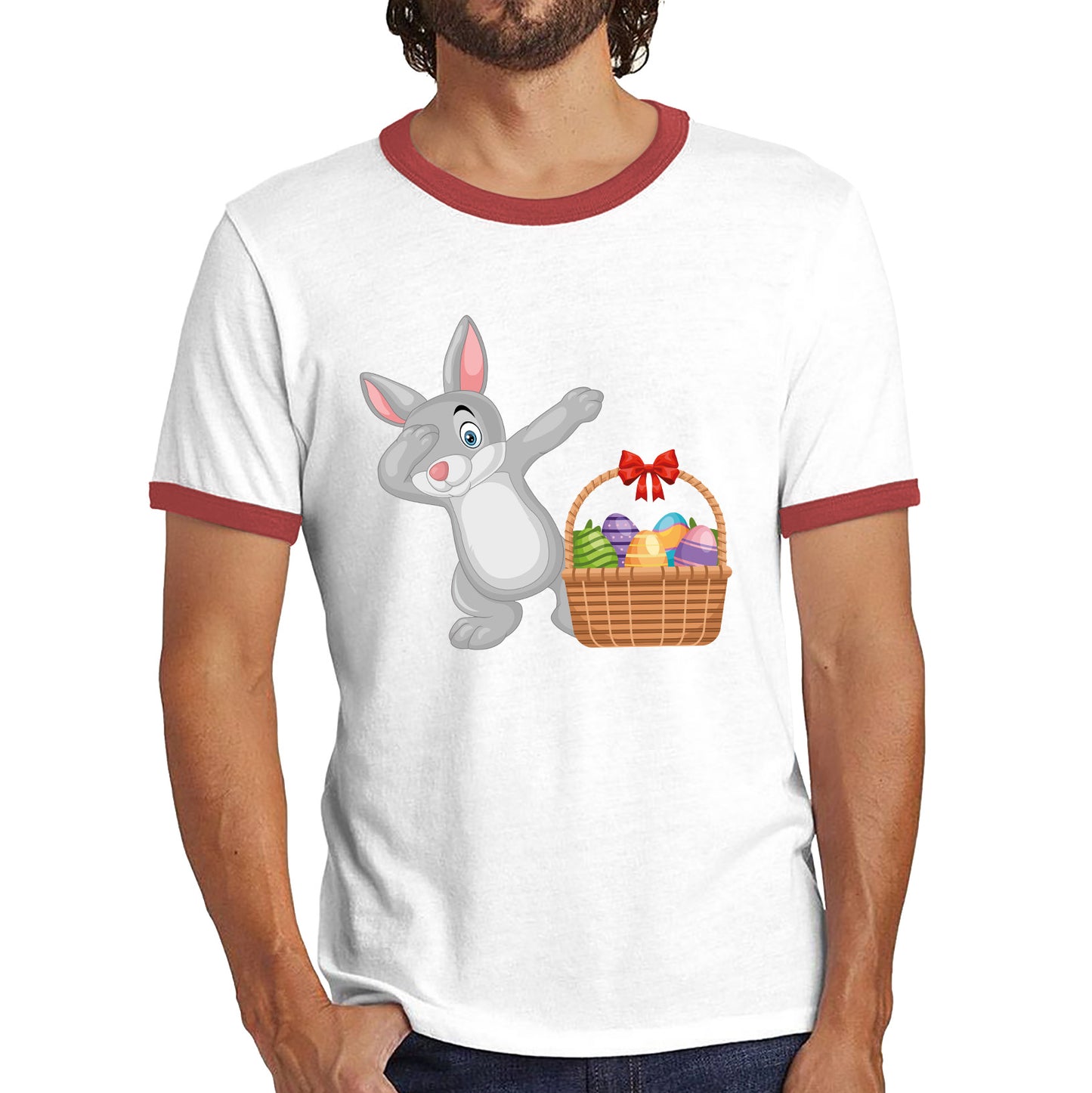 Dabbing Bunny With Eggs Basket Happy Easter Day Cute Rabbit Bunny Easter Day Ringer T Shirt