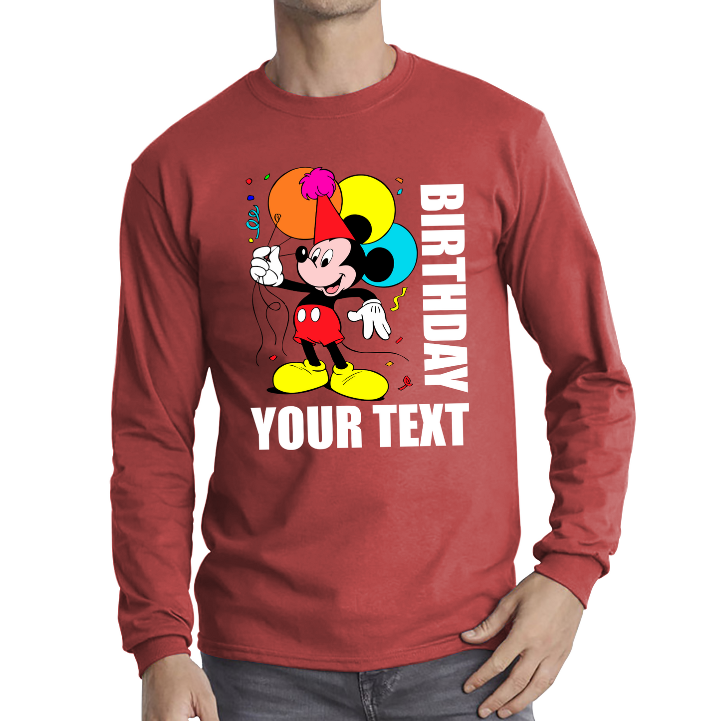 Personalised Disney Mickey Mouse Holding Balloons Birthday Your Text Disneyland Long Sleeve T Shirt