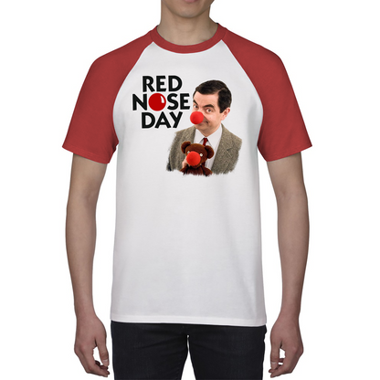 Red Nose Day Funny Mr Bean Baseball T Shirt. 50% Goes To Charity