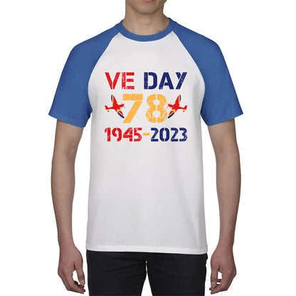 VE Day Victory In Europe Day 78th Anniversary 1945-2023 British Flag Veterans UK Victory Day World War II British Fighter Aircraft Baseball T Shirt