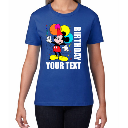 Personalised Disney Mickey Mouse Holding Balloons Birthday Your Text Disneyland Womens Tee Top