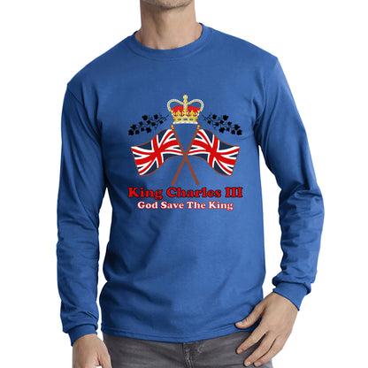 King Charles III Coronation God Save The King United Kingdom Flag Royal Crown CR III His Majesty Long Sleeve T Shirt