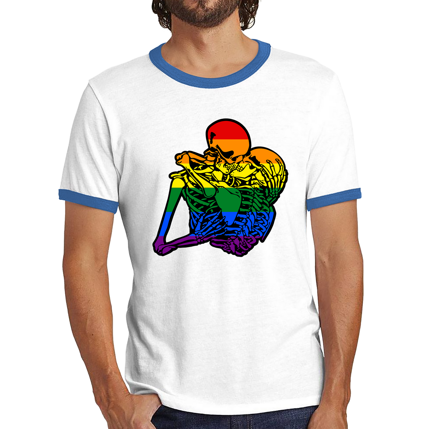 Kissing Skeletons Gay Pride LGBT Gay Skull Halloween LGBTQ+ Rainbow Pride Month Ringer T Shirt