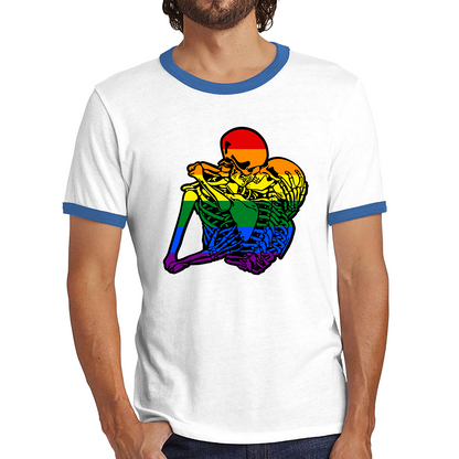 Kissing Skeletons Gay Pride LGBT Gay Skull Halloween LGBTQ+ Rainbow Pride Month Ringer T Shirt