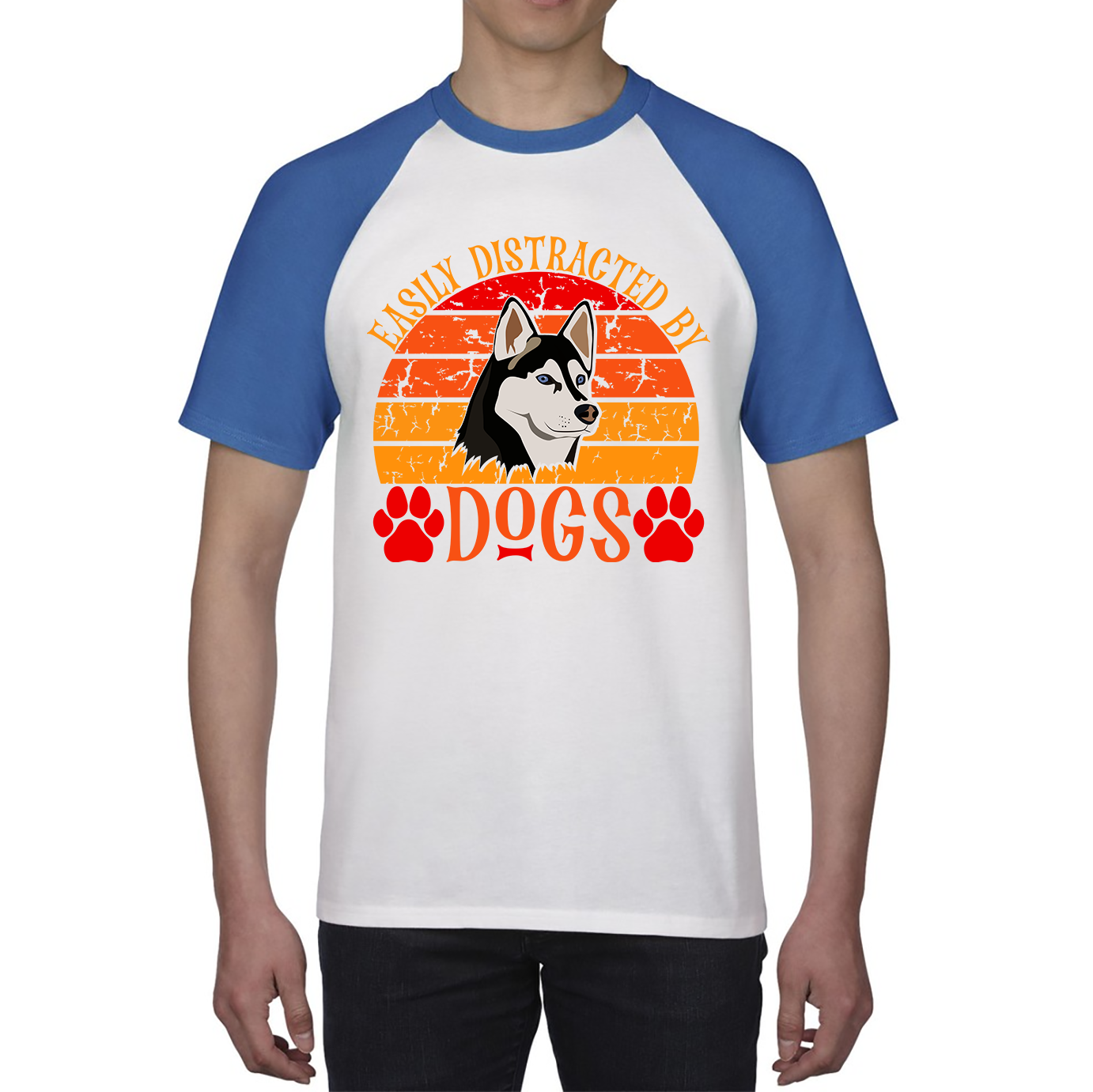 Easily Distracted By Dogs Vintage Retro Siberian Husky Dog Lovers Baseball T Shirt