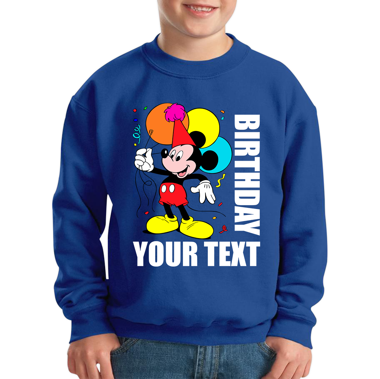 Personalised Disney Mickey Mouse Holding Balloons Birthday Your Text Disneyland Kids Jumper