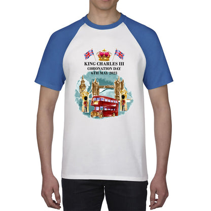 King Charles III Coronation Day 6th May 2023 Great Britain Big Ben Telephone Booth And Red Bus In London England Baseball T Shirt