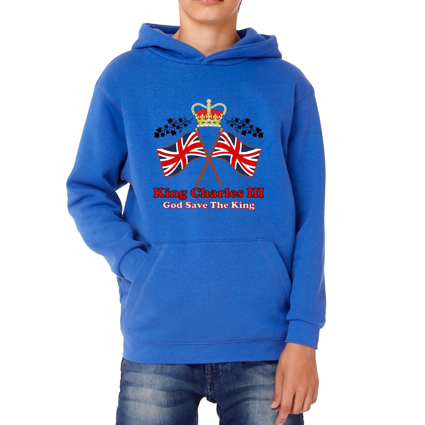 King Charles III Coronation God Save The King United Kingdom Flag Royal Crown CR III His Majesty Kids Hoodie