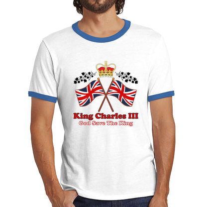 King Charles III Coronation God Save The King United Kingdom Flag Royal Crown CR III His Majesty Ringer T Shirt