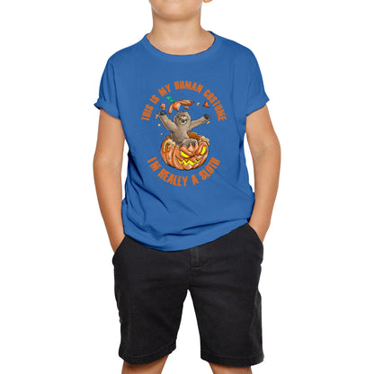 This Is My Human Costume I'm Really A Sloth Halloween Pumpkin Horror And Scary Pumpkin Face Kids Tee