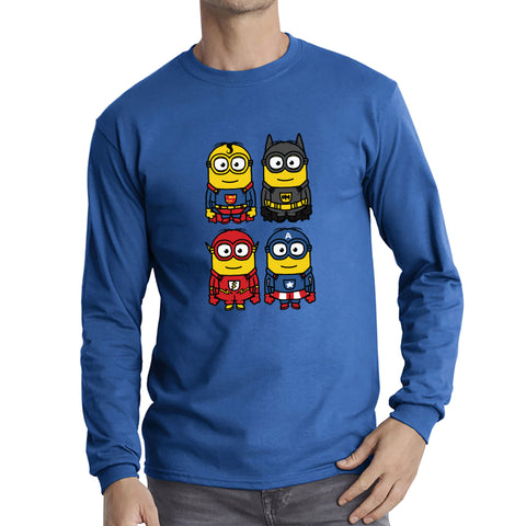 The 4 Minions Heros Super Minions Captain America Batman Superman Riddler The Flash Dc Minions Parody Pop Art Long Sleeve T Shirt