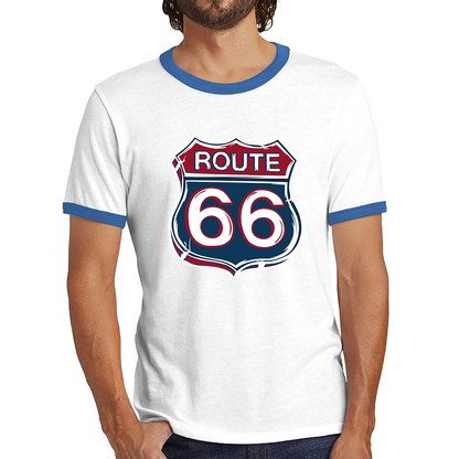 Route 66 Baseball Highway 66 US Biking Riding Highway Main Street of America Ringer T Shirt