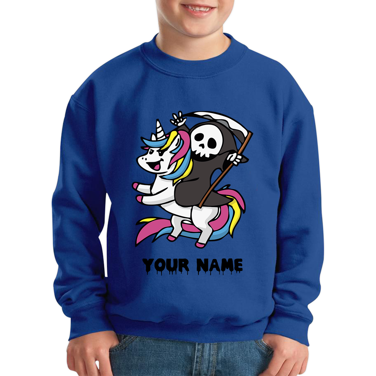 Personalised Cute Death Riding A Kawaii Unicorn Your Name Kids Jumper