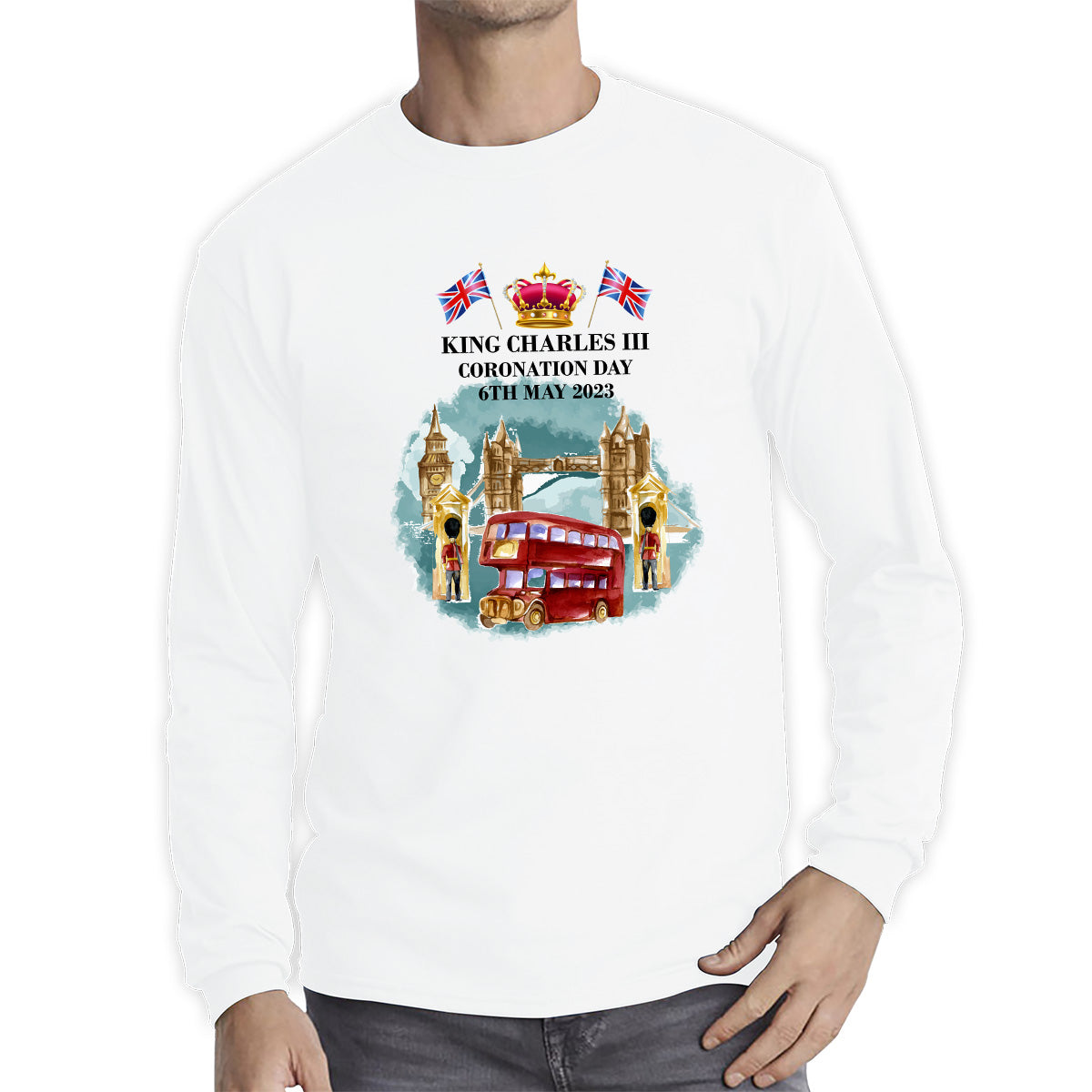 King Charles III Coronation Day 6th May 2023 Great Britain Big Ben Telephone Booth And Red Bus In London England Long Sleeve T Shirt