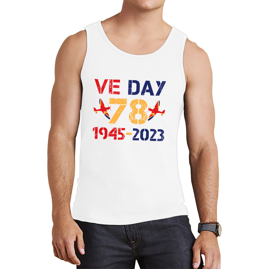 VE Day Victory In Europe Day 78th Anniversary 1945-2023 British Flag Veterans UK Victory Day World War II British Fighter Aircraft Tank Top