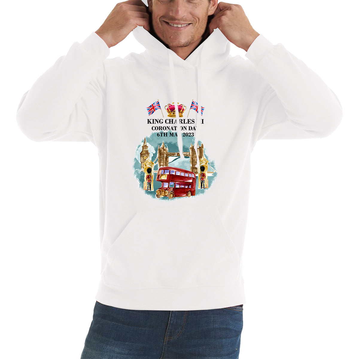 King Charles III Coronation Day 6th May 2023 Great Britain Big Ben Telephone Booth And Red Bus In London England Unisex Hoodie