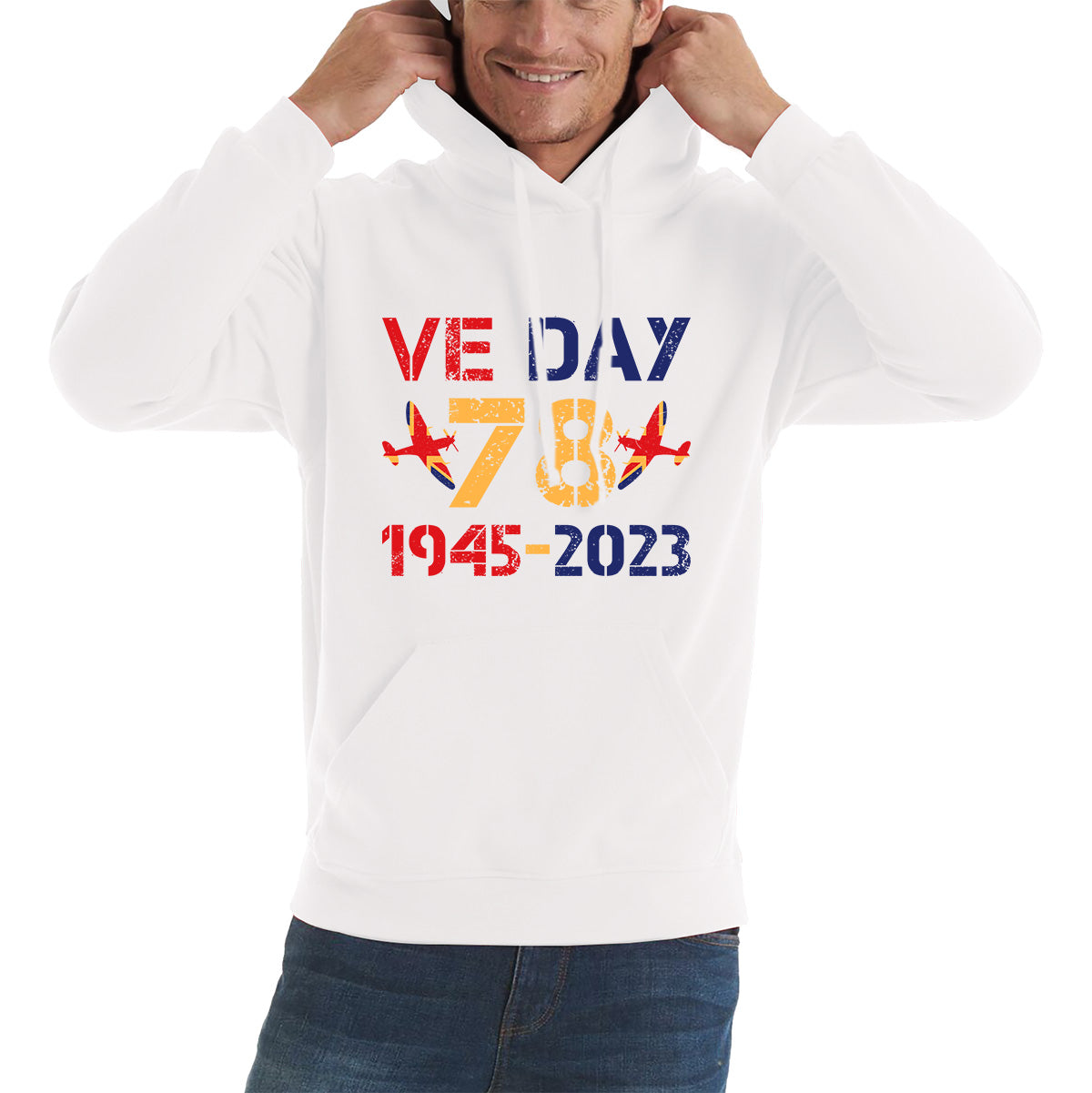 VE Day Victory In Europe Day 78th Anniversary 1945-2023 British Flag Veterans UK Victory Day World War II British Fighter Aircraft Unisex Hoodie