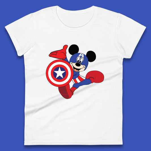 Mickey Mouse Wearing Captain America Costume Disney Marvel Avengers Superhero Disney World Marvel Disney Avengers Campus Womens Tee Top