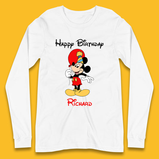 Personalised Happy Birthday Disney Mickey Mouse Your Name Cute Cartoon Character Disney Birthday Theme Party  Long Sleeve T Shirt