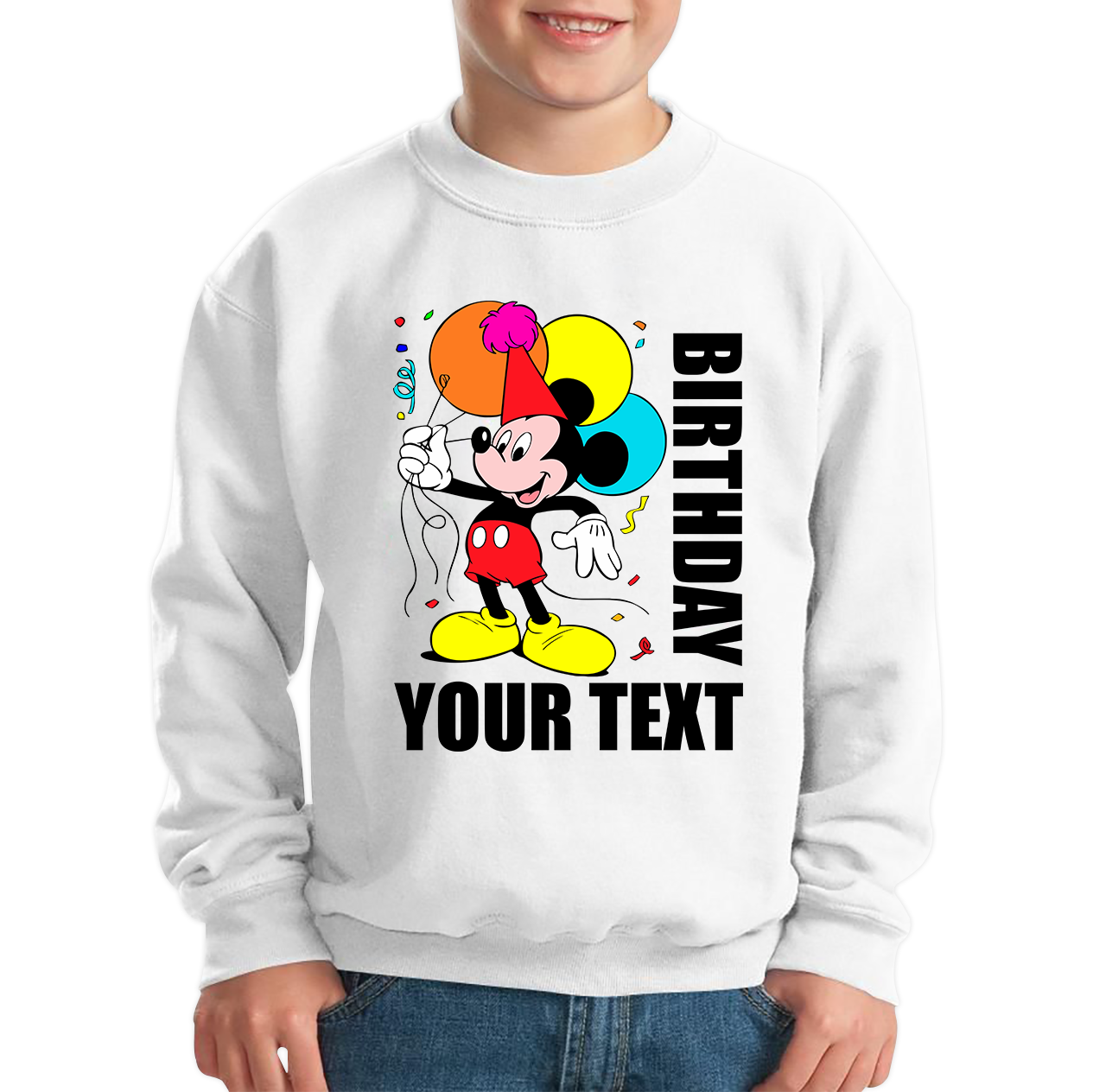 Personalised Disney Mickey Mouse Holding Balloons Birthday Your Text Disneyland Cartoon Kids Jumper