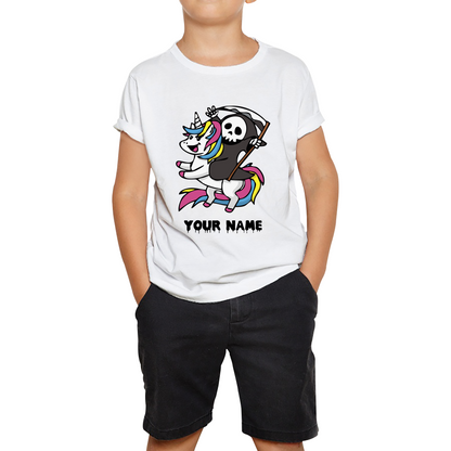 Personalised Cute Death Riding A Kawaii Unicorn Your Name Kids Tee