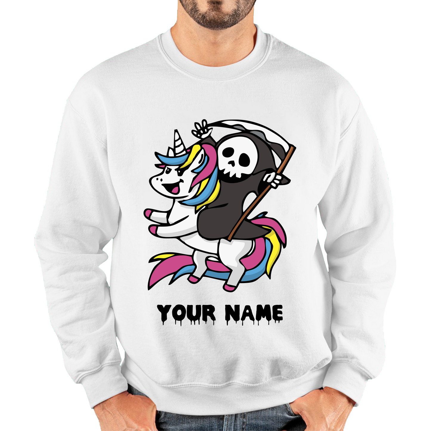 Personalised Cute Death Riding A Kawaii Unicorn Your Name Unisex Sweatshirt