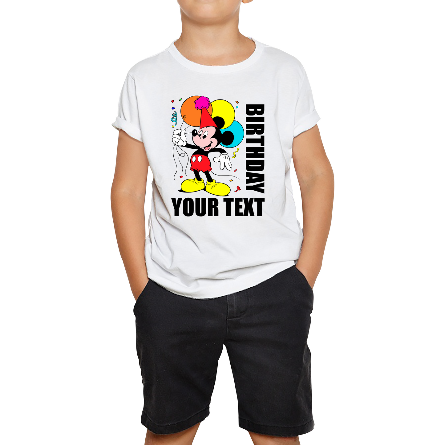 Personalised Disney Mickey Mouse Holding Balloons Birthday Your Text Disneyland Cartoon Kids Tee