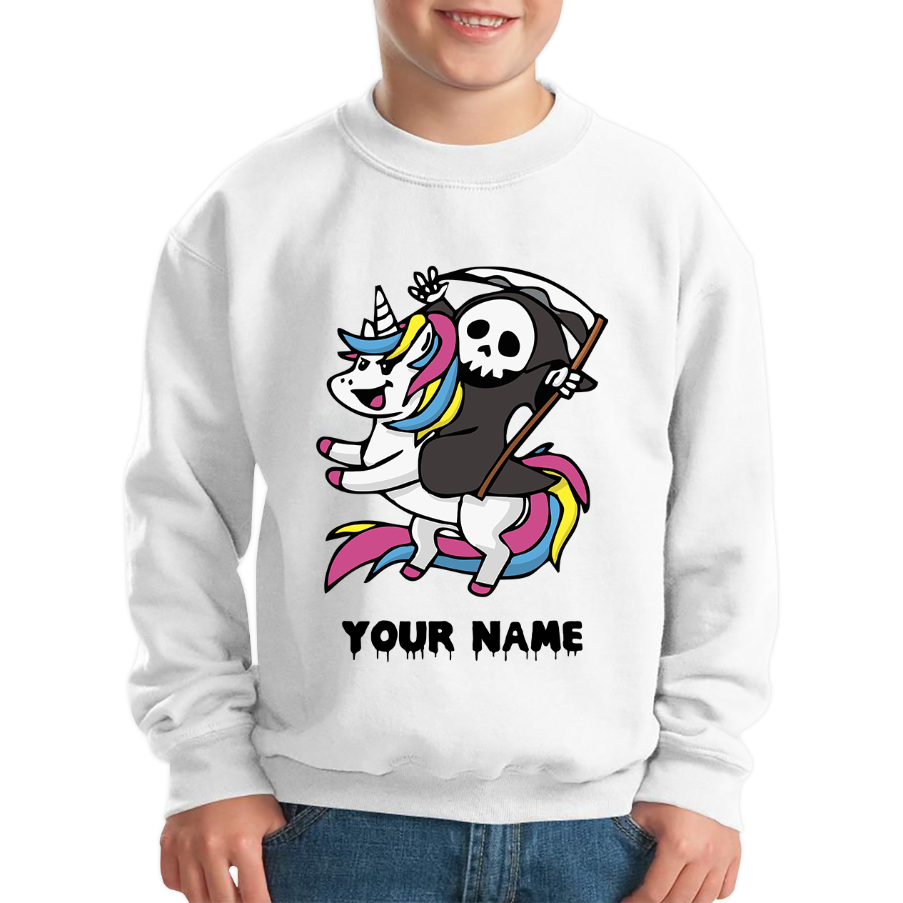 Personalised Cute Death Riding A Kawaii Unicorn Your Name Kids Jumper