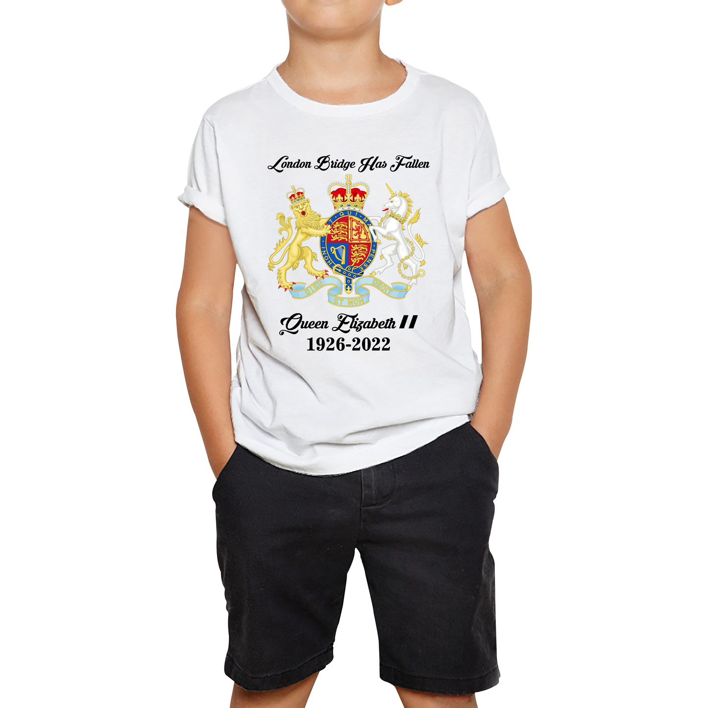 London Bridge Has Fallen Queen Elizabeth II Union Jack Queen's Crown Kids Tee