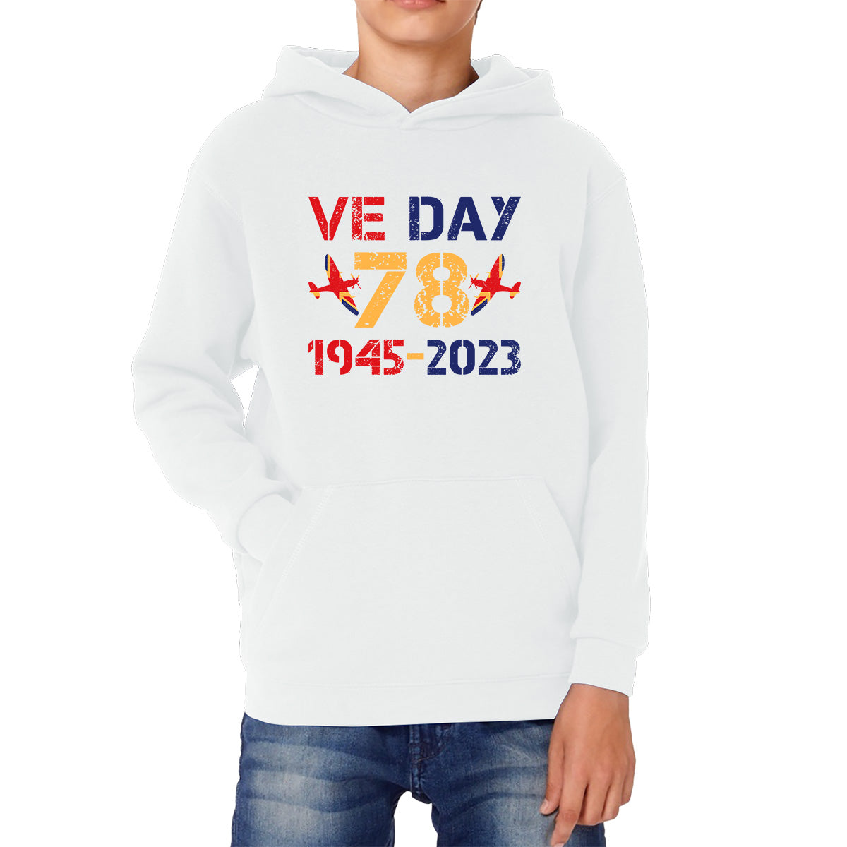 VE Day Victory In Europe Day 78th Anniversary 1945-2023 British Flag Veterans UK Victory Day World War II British Fighter Aircraft Kids Hoodie