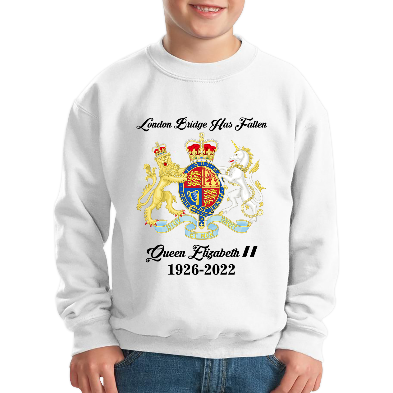 London Bridge Has Fallen Queen Elizabeth II Union Jack Queen's Crown Kids Jumper