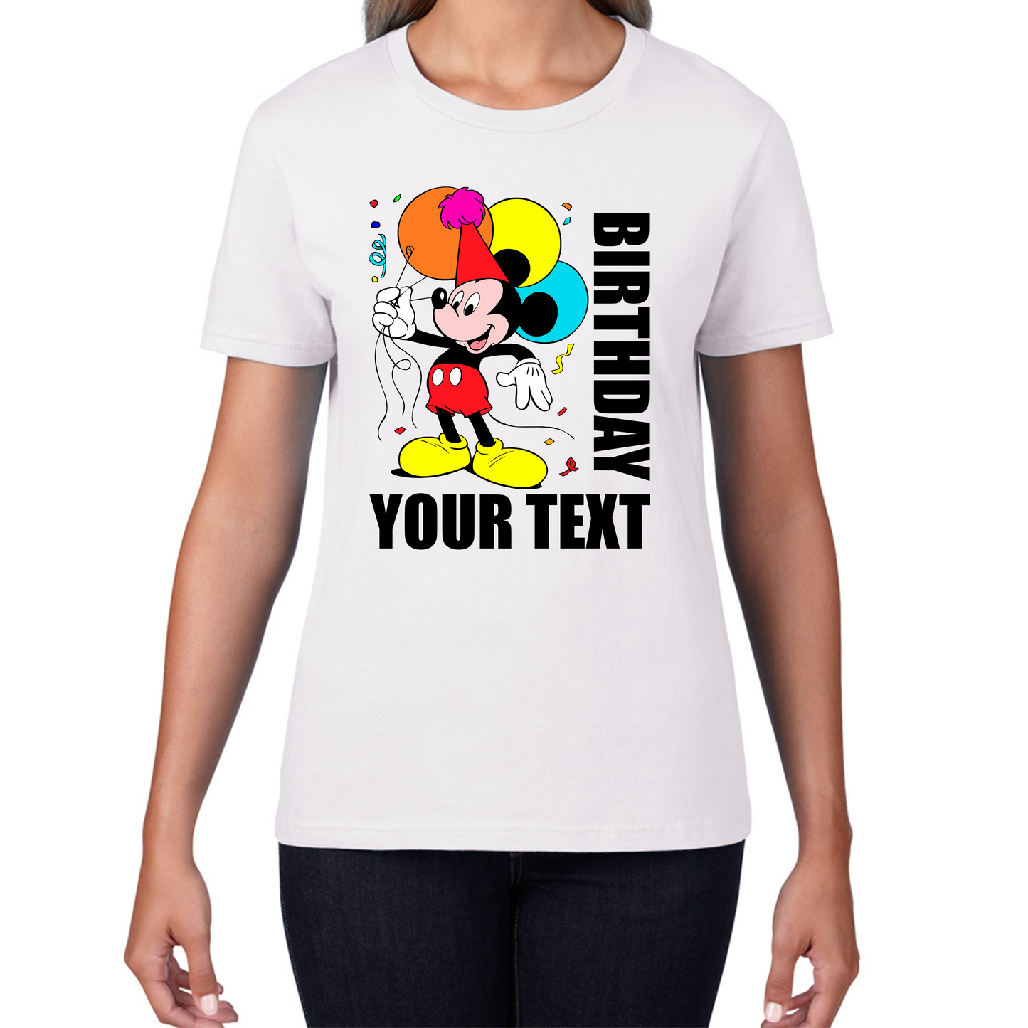 Personalised Disney Mickey Mouse Holding Balloons Birthday Your Text Disneyland Cartoon Womens Tee Top