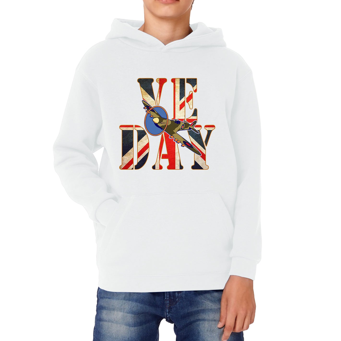 VE Day Victory In Europe Day Remembrance Day British Flag Veterans UK Victory Day 78th Anniversary World War II British Fighter Airplane Kids Hoodie