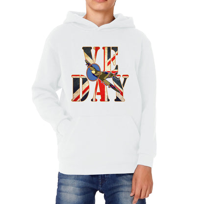 VE Day Victory In Europe Day Remembrance Day British Flag Veterans UK Victory Day 78th Anniversary World War II British Fighter Airplane Kids Hoodie