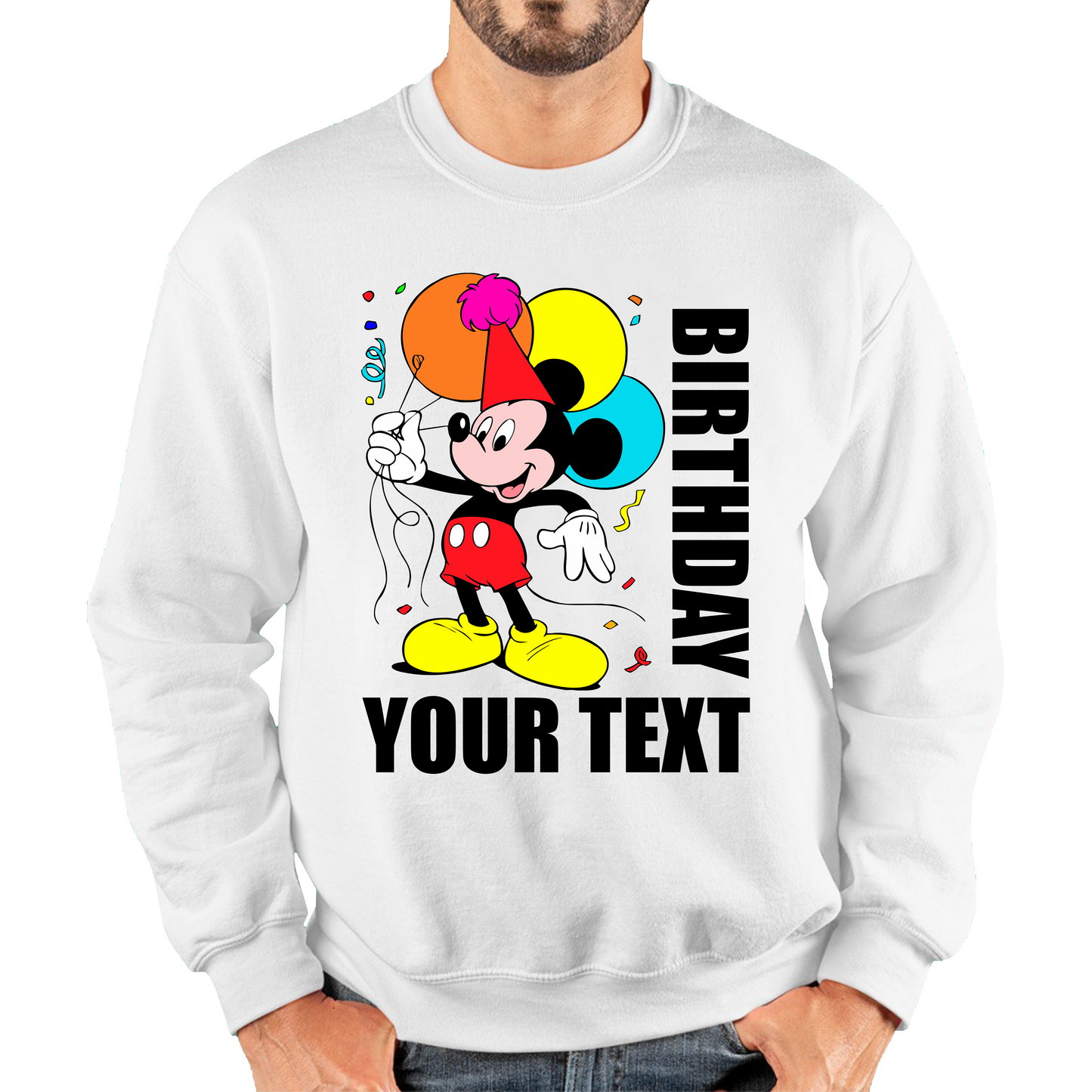 Personalised Disney Mickey Mouse Holding Balloons Birthday Your Text Disneyland Cartoon Unisex Sweatshirt