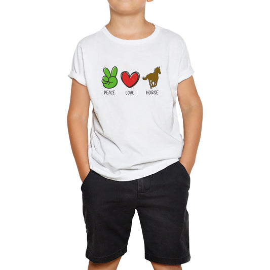 Peace Love Horse Funny Horse Riding Lovers Adventure Peace Logo Kids Tee