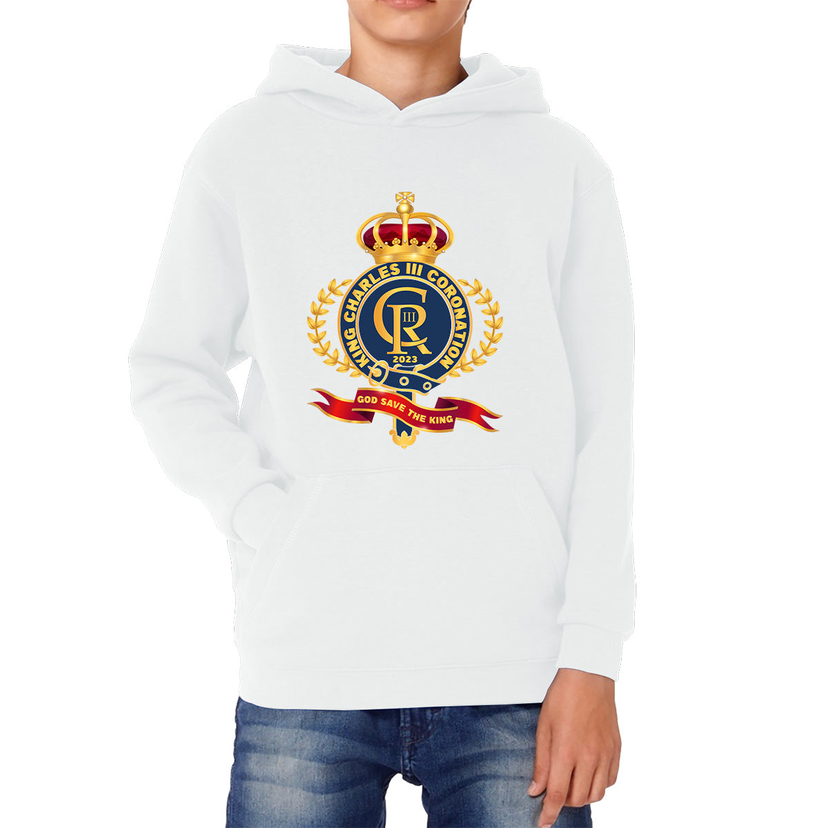 King Charles III Coronation 2023 CR III God Save The King Royal Crown United Kingdom Ruling Monarch Kids Hoodie