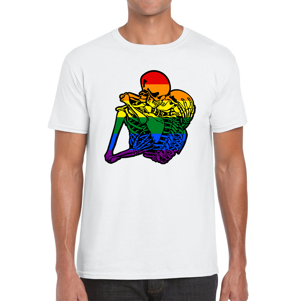 Kissing Skeletons Gay Pride LGBT Gay Skull Halloween LGBTQ+ Rainbow Pride Month Mens Tee Top