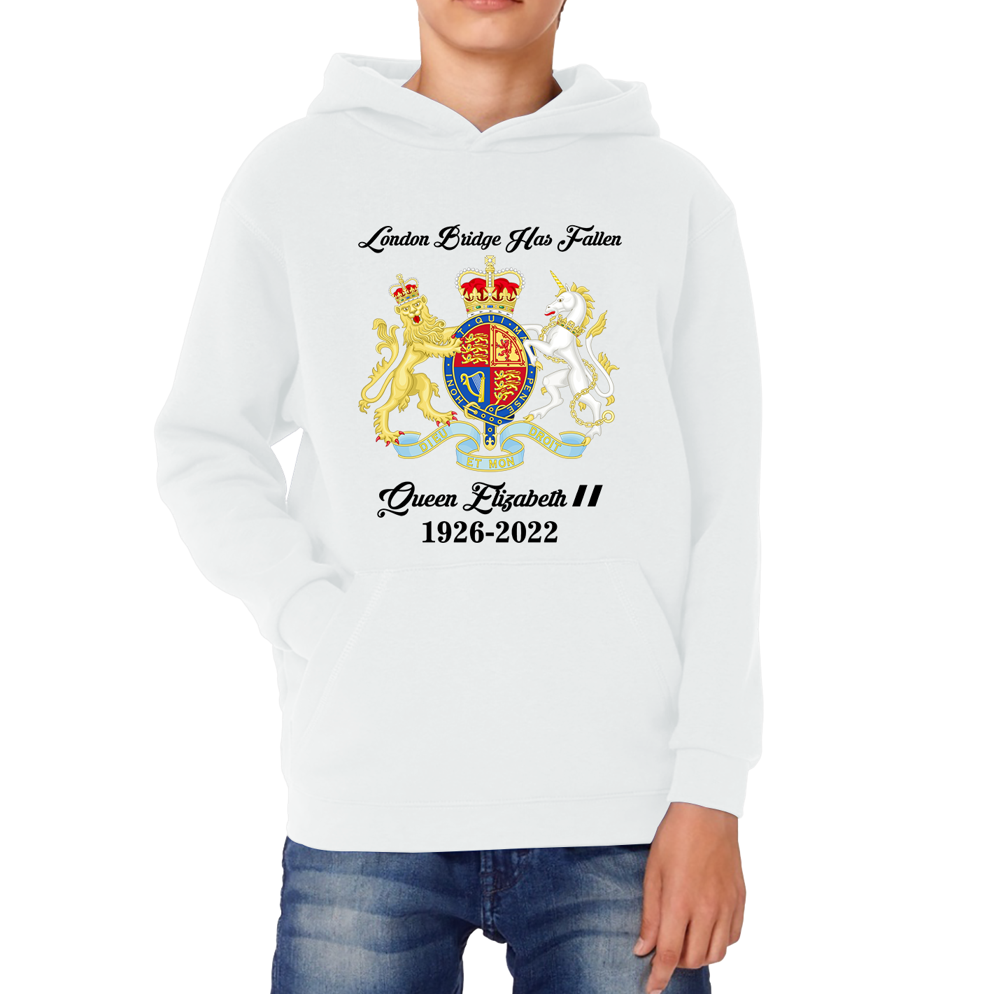 London Bridge Has Fallen Queen Elizabeth II Union Jack Queen's Crown Kids Hoodie