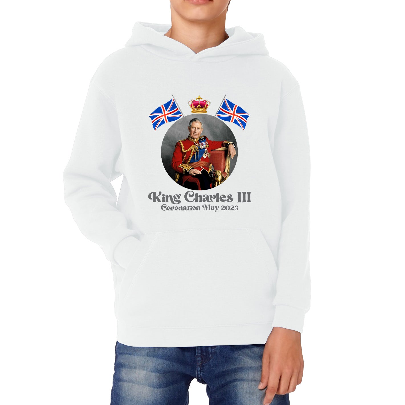 King Charles III 6th May 2023 Coronation British Flags Royal Crown CR III Union Jack His Majesty Kids Hoodie