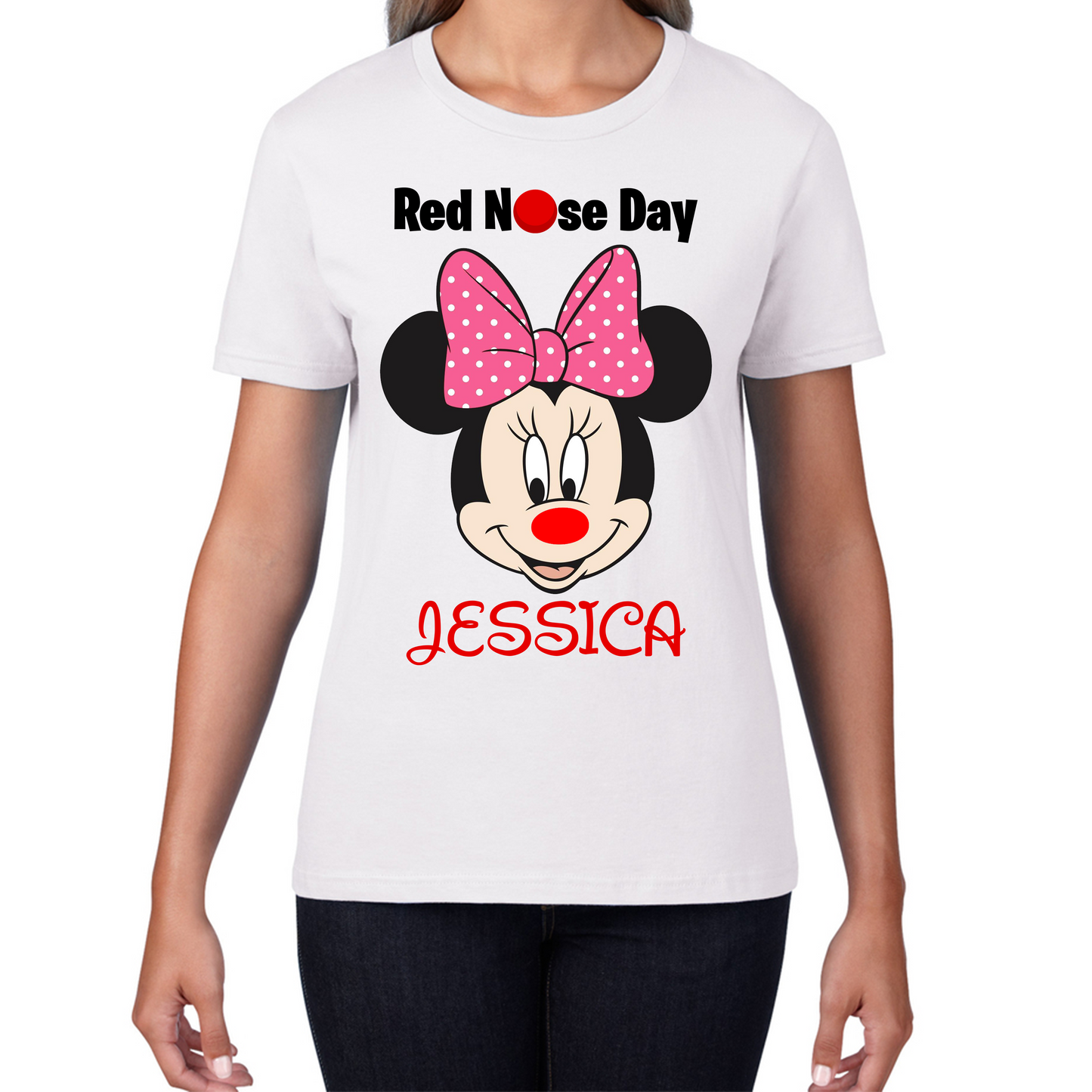 Personalised Minnie  Mouse ( Name ) Red Nose Day Ladies T Shirt. 50% Goes To Charity