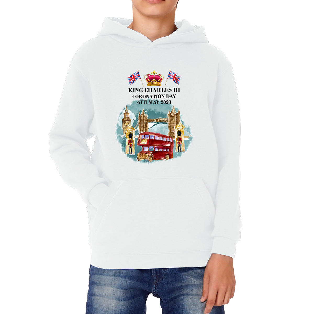 King Charles III Coronation Day 6th May 2023 Great Britain Big Ben Telephone Booth And Red Bus In London England Kids Hoodie