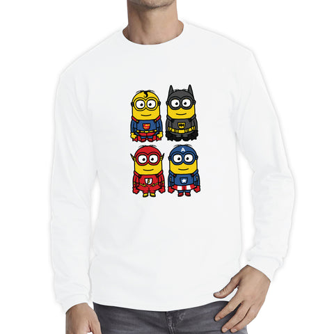 The 4 Minions Heros Super Minions Captain America Batman Superman Riddler The Flash Dc Minions Parody Pop Art Long Sleeve T Shirt