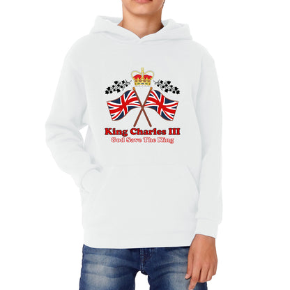 King Charles III Coronation God Save The King United Kingdom Flag Royal Crown CR III His Majesty Kids Hoodie